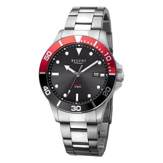 Regent męski zegarek solarny analogowy z metalową bransoletą czarno-czerwony URF1543 Regent
