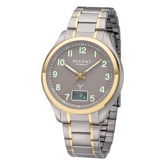 Regent męski zegarek sterowany radiowo analogowo-cyfrowy tytanowa bransoleta srebrno-złoty UR1501569 Regent
