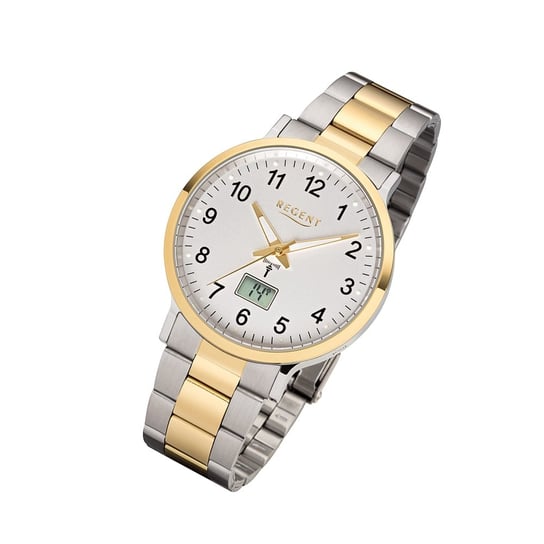 Regent męski zegarek sterowany radiowo FR-245 analogowo-cyfrowy zegarek na rękę srebrny złoty URFR245 Regent