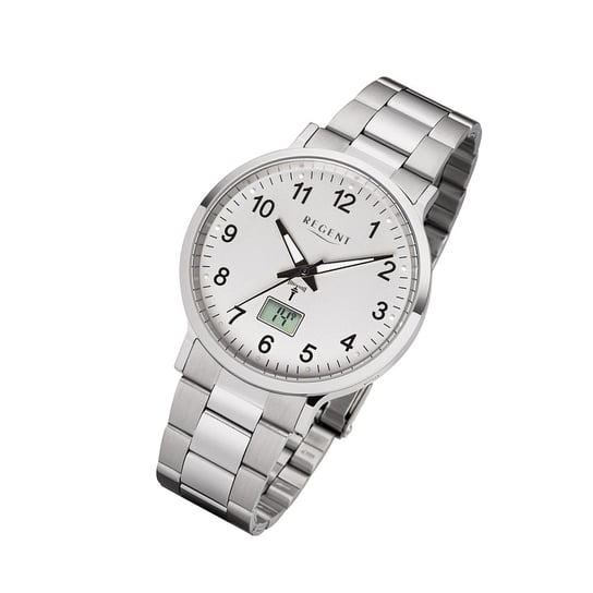 Regent męski zegarek sterowany radiowo FR-248 analogowo-cyfrowy metalowy zegarek na rękę srebrny URFR248 Regent