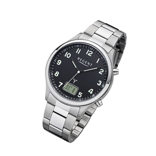Regent męski zegarek sterowany radiowo FR-276 analogowo-cyfrowy metalowy srebrny URBA445 Regent