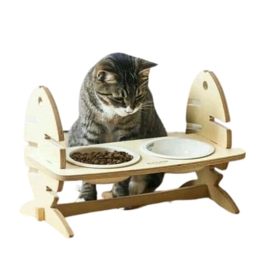 Regulowany stojak na miski dla kota drewniany + miski RYBA PREMIUM Inna marka