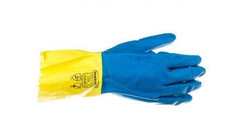 Rękawice gospodarcze z lateksu, flokowane, długość 30 Cm, Gr. 0,60 Mm niebiesko-żółte rozmiar 9,5 VE330BJ09 DELTA PLUS
