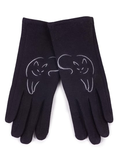 Rękawiczki damskie eleganckie czarne haft kot dotykowe 24 cm YOCLUB YoClub