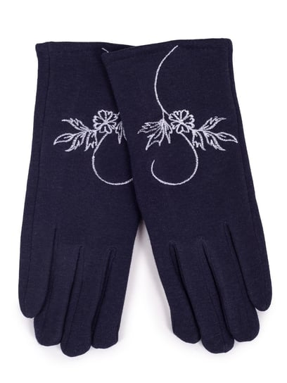 Rękawiczki damskie eleganckie granatowe haft kwiat dotykowe 24 cm YOCLUB YoClub