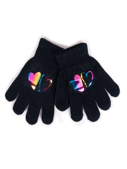 Rękawiczki Dziewczęce Pięciopalczaste Czarne Z Hologramem Sercami 18 Cm YoClub