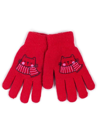 Rękawiczki dziewczęce pięciopalczaste dwuwarstwowe czerwone z kotkiem 18 cm YOCLUB YoClub