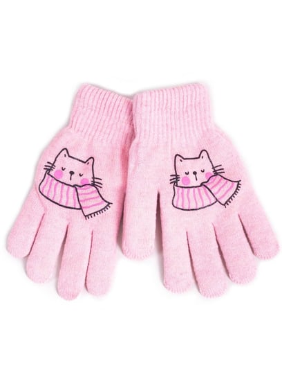 Rękawiczki dziewczęce pięciopalczaste dwuwarstwowe różowe z kotkiem 18 cm YOCLUB YoClub