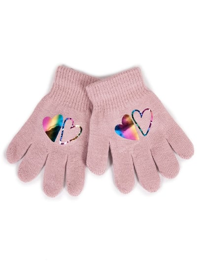 Rękawiczki Dziewczęce Pięciopalczaste Różowe Z Hologramem Sercami 10 Cm Yoclub YoClub