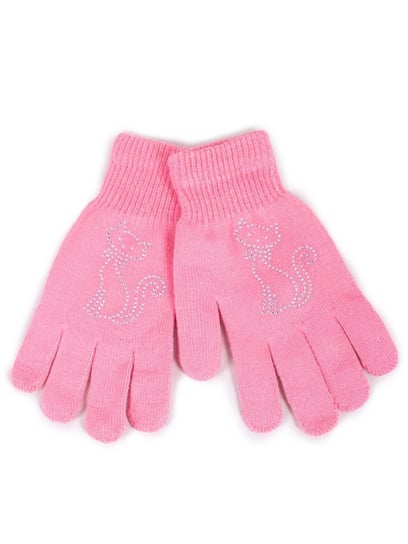 Rękawiczki dziewczęce pięciopalczaste z jetami różowe z kotkiem 16 cm YOCLUB YoClub