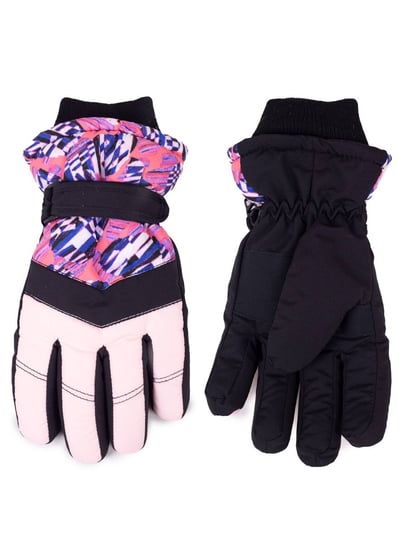 Rękawiczki narciarskie dziewczęce pięciopalczaste czarne ze wzorem YoClub