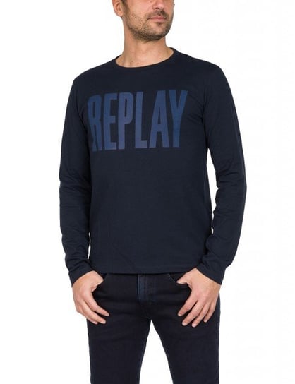 Replay, Men's Cotton T-Shirt Printed Logo Longsleeve Midnight, czarny, rozmiar M Replay