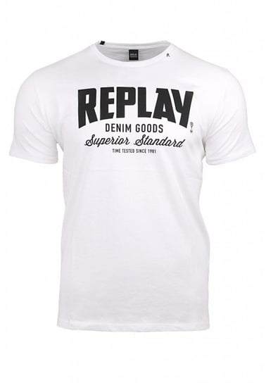 Replay, T-shirt męski z krótkim rękawem, Printed Cotton Jersey, biało-czarny, rozmiar XL Replay