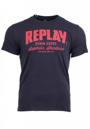 Replay, T-shirt męski z krótkim rękawem, Printed Cotton Jersey, granatowo-czerwony, rozmiar M Replay