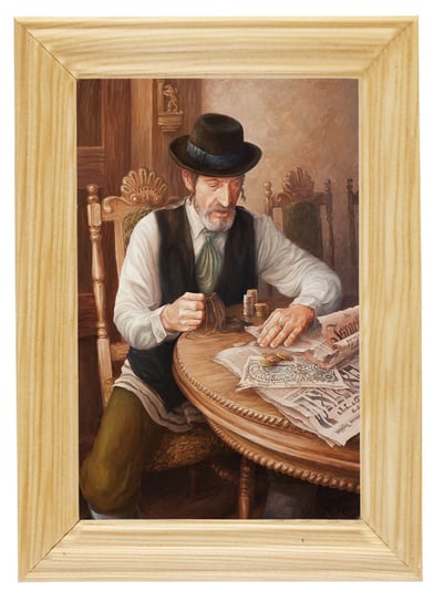 Reprodukcja obrazu w drewnianej ramie, o wymiarach 10x15cm - Aleksander Karcz, Żyd z gazetą POSTERGALERIA