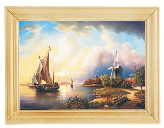 Reprodukcja obrazu w drewnianej ramie o wymiarach 13x18 cm- Pejzaż morski z wiatrakiem, Marian Kaszuba POSTERGALERIA