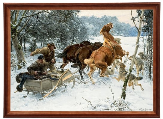 Reprodukcja obrazu w drewnianej ramie o wymiarach 50x70 cm - Napad wilków, Alfred Wierusz- Kowalski POSTERGALERIA