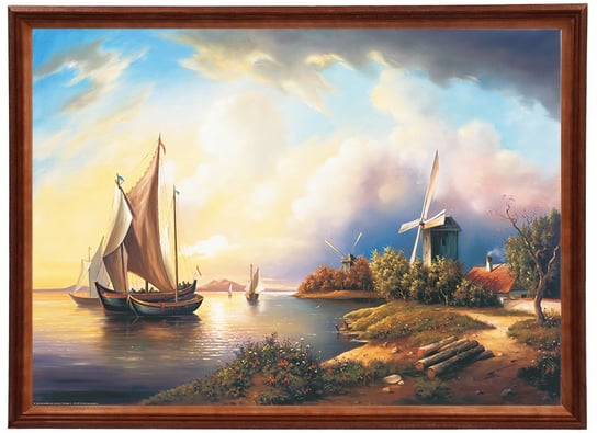 Reprodukcja obrazu w drewnianej ramie o wymiarach 50x70 cm -  Pejzaż morski z wiatrakiem, Marian Kaszuba POSTERGALERIA