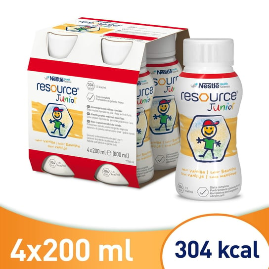 Resource Junior - odżywczy preparat w płynie dla dzieci po 1. roku życia, smak waniliowy, 4 x 200 ml Nestle