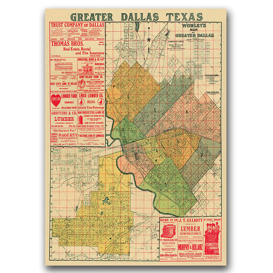 Retro plakat Stara mapa Dallas w Teksasie A1 60x85 Vintageposteria