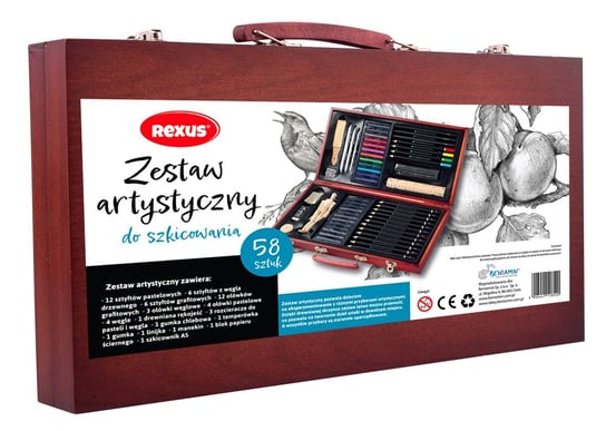 Rexus, Zestaw artystyczny do szkicowania w drewnianej walizce, 58 elementów REXUS