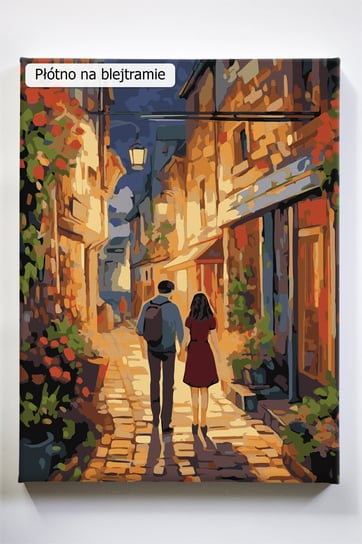 Romantyczny spacer, kobieta, mężczyzna, para, zakochani, uliczka, miasteczko, malowanie po numerach Akrylowo