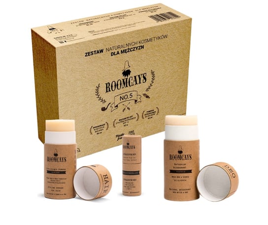 ROOMCAYS Zestaw #5 kosmetyków dla mężczyzn: dezodorant w sztyfcie, pomada stylizująca do włosów i balsam do ust z filtrem ochronnym SPF 15 Roomcays