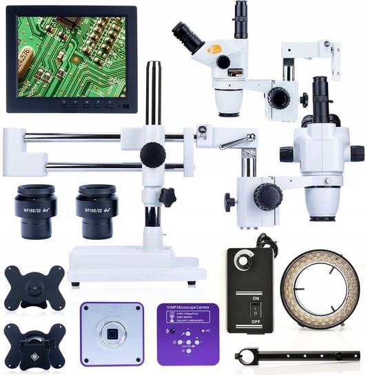 Rosfix Zestaw mikroskopowy Moon Pro Stereoskop, Kamera Puppis Pink Pro 51MP, Wyświetlacz 8-calowy, Uchwyt, Oświetlacz LED 56x Rosfix