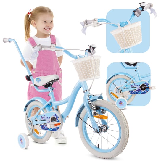 Rowerek Dla Dziewczynki Dziecięcy 14 Cali Pchacz Koszyk Kółka Boczne 3-5 Lat Flower Bike Niezapominajka Niebieski Sun Baby Sun Baby