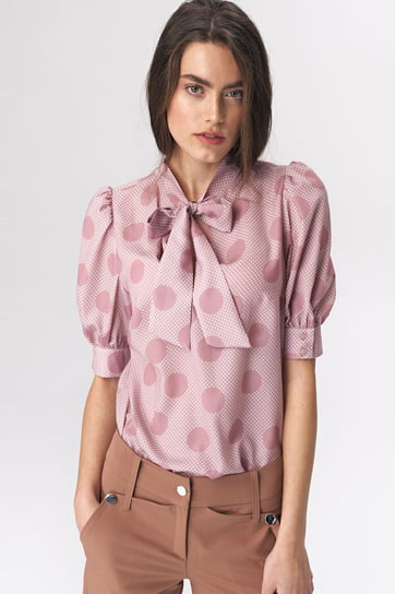 Różowa bluzka z wiązaniem na dekolcie w grochy NIFE
