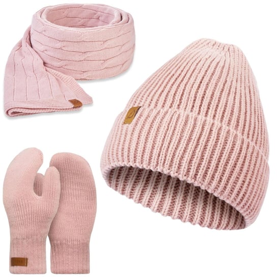 Różowa czapka damska cz46 + szalik s10 + rękawiczki r2 brødrene Brødrene