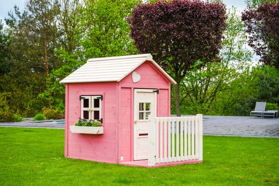 Różowy domek ogrodowy dla dzieci z tarasem Petgarden