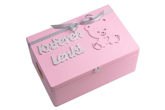Różowy kuferek z serduszkami na prezent napis imię. Zabawki Sensoryczne