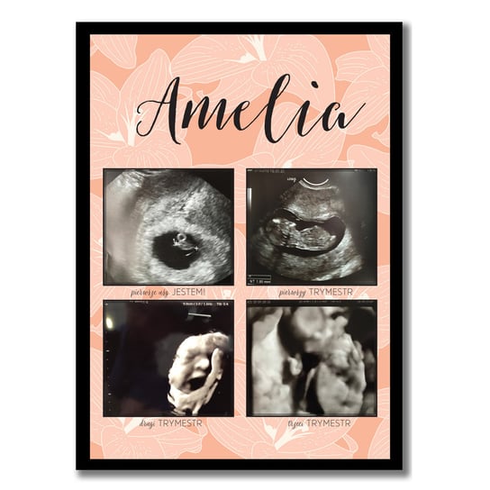 Różowy plakat w kwiaty ze zdjęciami usg, pamiątka ciąży, trymestry, Sowia Aleja Inna marka