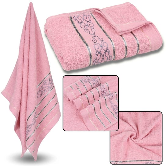 Różowy ręcznik bawełniany z ozdobnym haftem, szary haft 48x100 cm x1 Inna marka