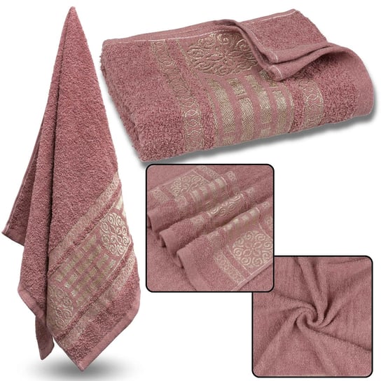 Różowy ręcznik bawełniany ze złotym haftem, ręcznik do rąk 48x100 cm x1 sarcia.eu