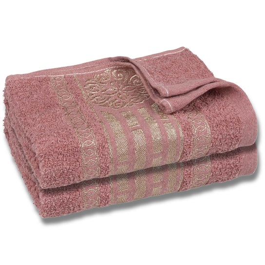 Różowy ręcznik bawełniany ze złotym haftem, ręcznik do rąk 48x100 cm x2 sarcia.eu