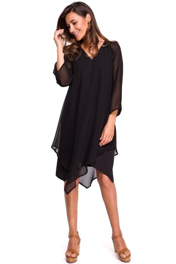S159 Sukienka szyfonowa z asymetrycznym dołem - czarna (kolor czarny, rozmiar S) Inna marka