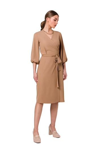 S340 Sukienka kopertowa z wiązaniem - beżowa (kolor beżowy, rozmiar XL) Inna marka