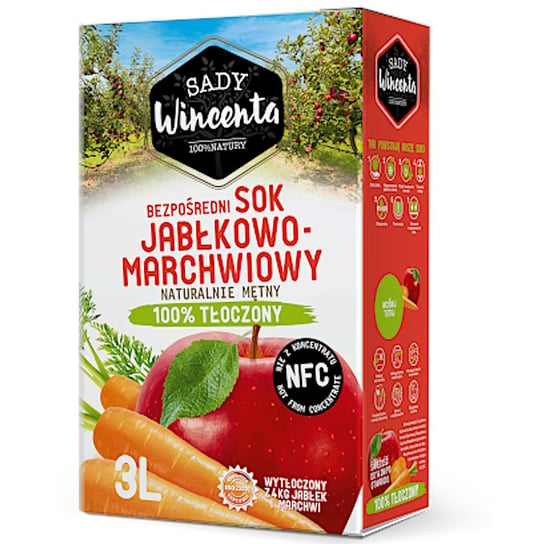 Sady Wincenta Sok w Kartonie o smaku Jabłkowo-Marchwiowym 3L, 100 Procent Tłoczony Inna marka