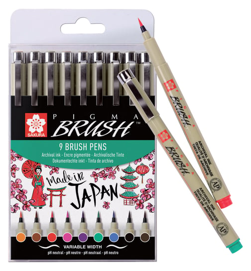 Sakura, pisaki pędzelkowe, Pigma Brush Pen, 9 sztuk BRUYNZEEL