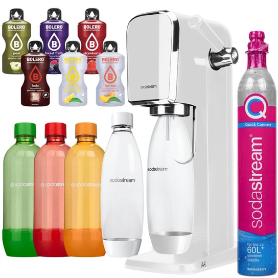 Saturator SodaStream Art Biały 1 butelka + 3 Butelki SodaStream kolorowe + bolero SodaStream