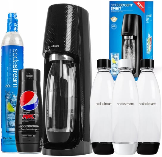 Saturator Sodastream Spirit Easy Czarny 1 Butelka + 2 Butelki Fuse Biała I Czarna + Syrop Pepsi Max SodaStream