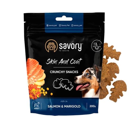 Savory Crunchy Snacks Skin & Coat Pikantne Chrupiące Przysmaki Dla Psa Z Łososiem I Nagietkiem 200g Savory