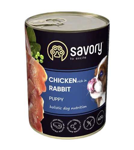 SAVORY KARMA MOKRA Z KURCZAKIEM I KRÓLIKIEM DLA SZCZENIĄT WSZYSTKICH RAS OD 3 MIESIĄCA ŻYCIA 400 G Savory