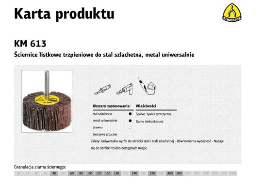 Ściernica listkowa trzpieniowa KLINGSPOR KM613, gr.120, 80x30x6 mm KLINGSPOR