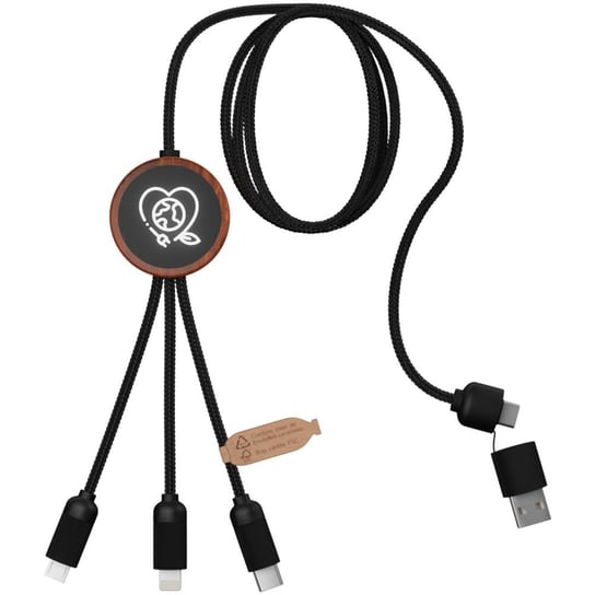 SCX.design C37 kabel do ładowania z podświetlanym logo 3-w-1 rPET i z okrągłą drewnianą obudową UPOMINKARNIA