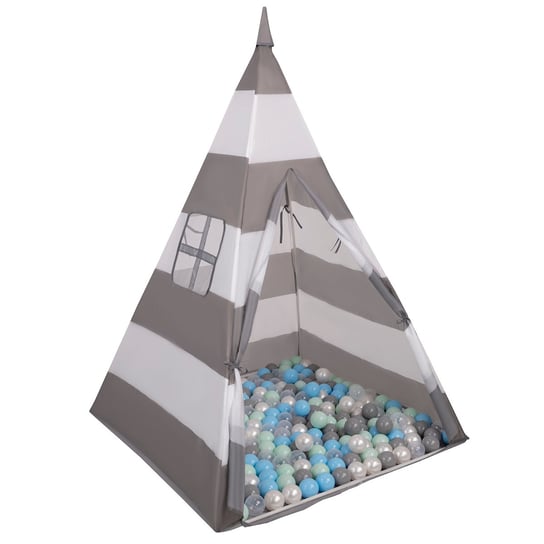 Selonis Namiot tipi NT-200X z piłeczkami 6cm szaro-białe pasy: perła-szary-transparent-babyblue-mięta 43x43x36/200piłek Selonis