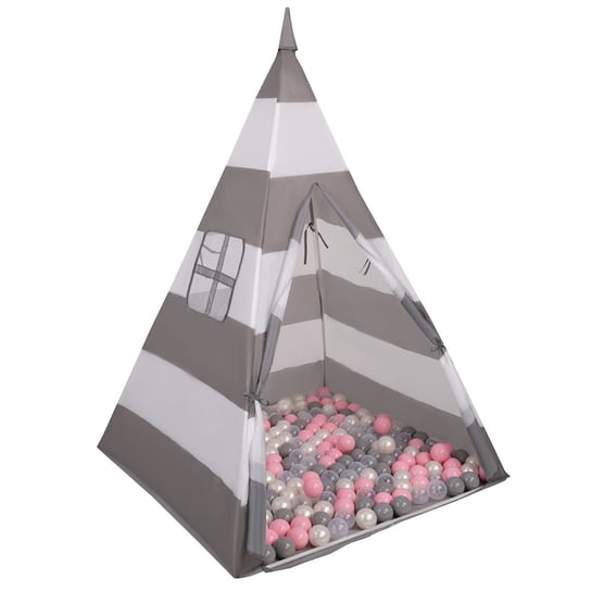 Selonis Namiot tipi NT-200X z piłeczkami 6cm szaro-białe pasy: perła-szary-transparent-pudrowy róż 43x43x36/200piłek Selonis