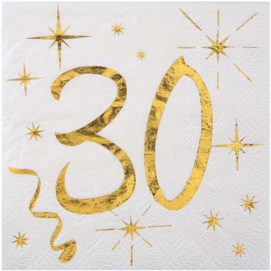 Serwetki, 30 Urodziny - Gold, białe, 25 cm, 20 sztuk SANTEX